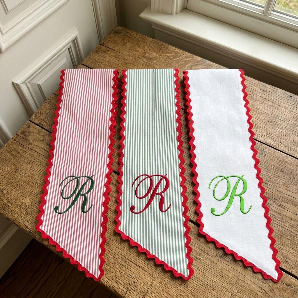 Personalized Christmas Wreath Sash, Embroidered Christmas Tree Wreath Bow, Monogram Holiday Sash, Striped Front Door Decor