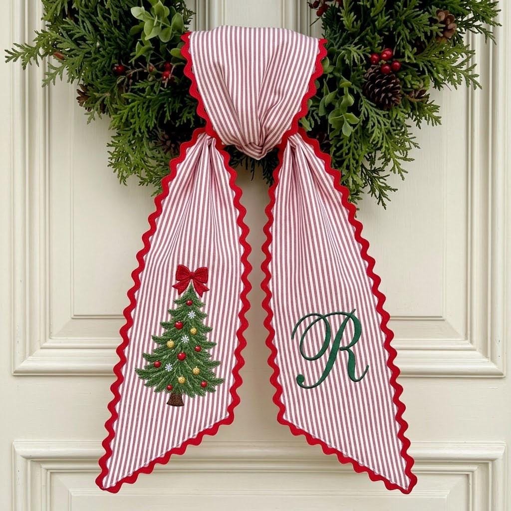 Personalized Christmas Wreath Sash, Embroidered Christmas Tree Wreath Bow, Monogram Holiday Sash, Striped Front Door Decor