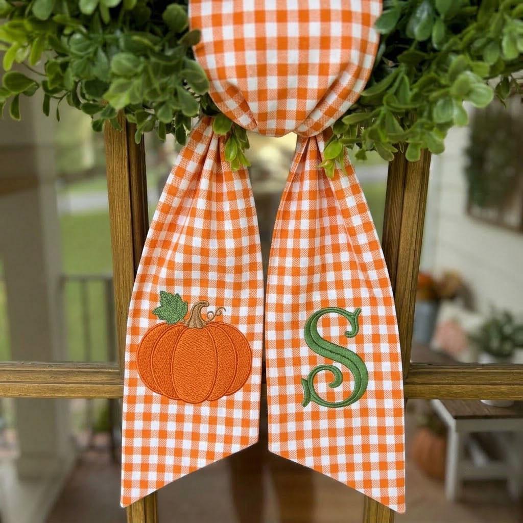 Personalized Fall Wreath Sash, Embroidered Pumpkin Wreath Bow, Monogram Gingham Sash, Thanksgiving Front Door Autumn Decor