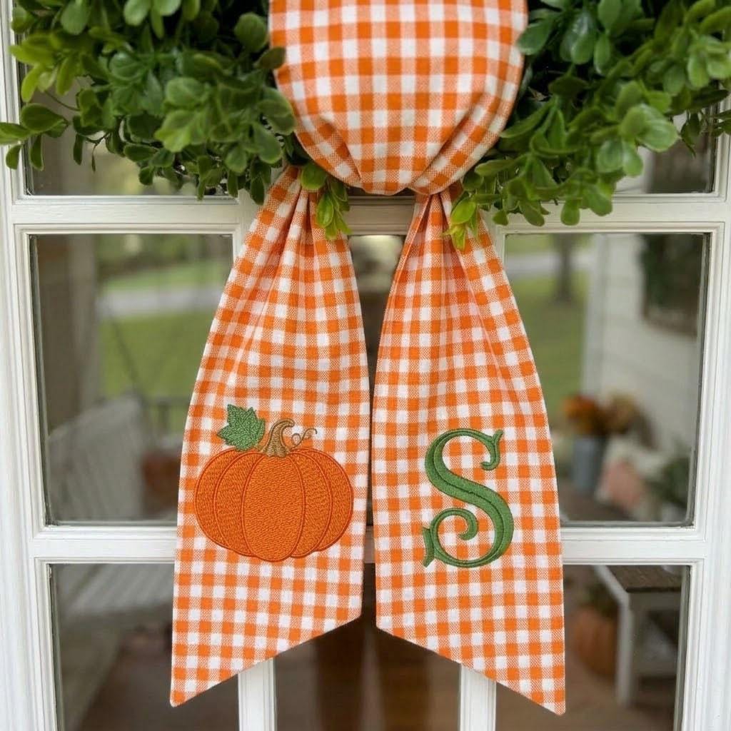 Personalized Fall Wreath Sash, Embroidered Pumpkin Wreath Bow, Monogram Gingham Sash, Thanksgiving Front Door Autumn Decor