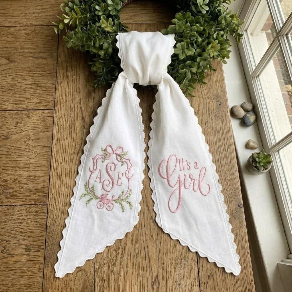 Personalized Baby Girl Wreath Sash, It's A Girl Announcement, Monogram Baby Shower Decor, Embroidered Front Door Ribbon