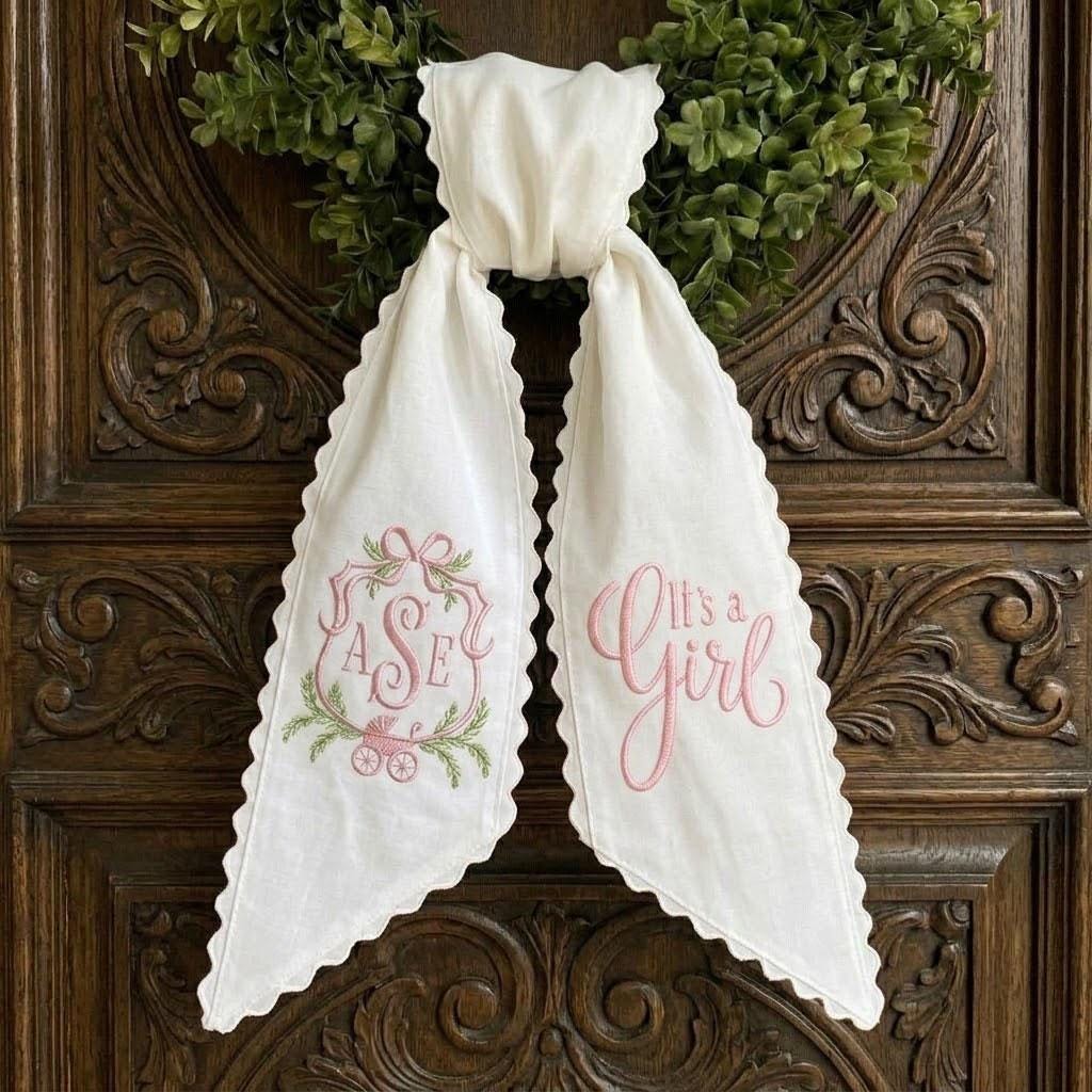 Personalized Baby Girl Wreath Sash, It's A Girl Announcement, Monogram Baby Shower Decor, Embroidered Front Door Ribbon