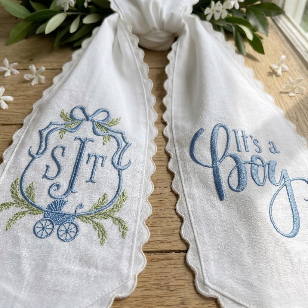 Personalized Baby Boy Wreath Sash, It's A Boy Announcement, Monogram Baby Shower Decor, Embroidered Front Door Ribbon