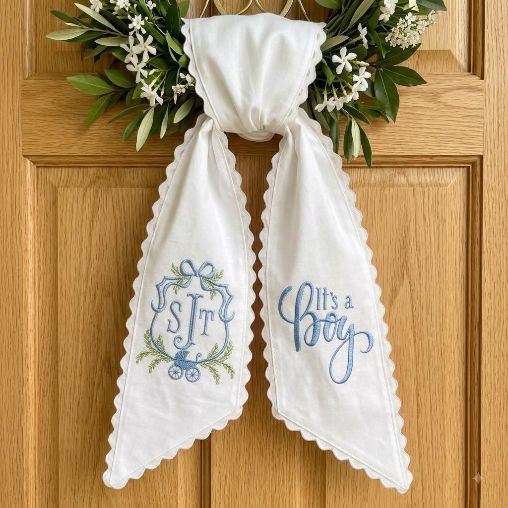 Personalized Baby Boy Wreath Sash, It's A Boy Announcement, Monogram Baby Shower Decor, Embroidered Front Door Ribbon