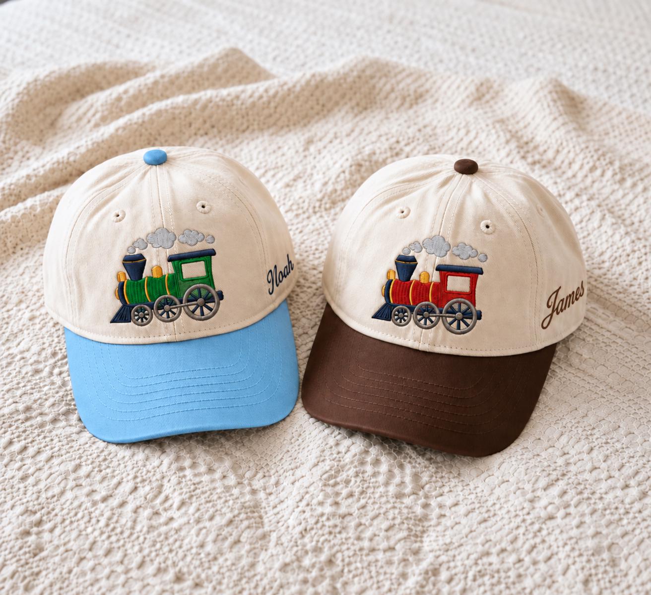 Personalized Train Toddler Hat, Custom Name Embroidered Locomotive Cap, Baby Boy Birthday Gift, First Birthday Train Hat