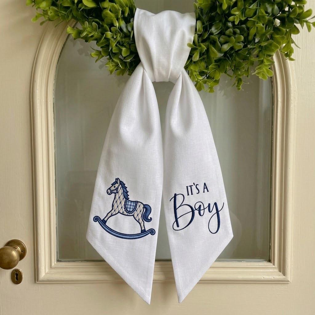 It's A Boy Wreath Sash, Gingham Hospital Door Hanger, Rocking Horse Nursery Decor, Baby Shower Gift, Welcome Baby Boy Ribbon