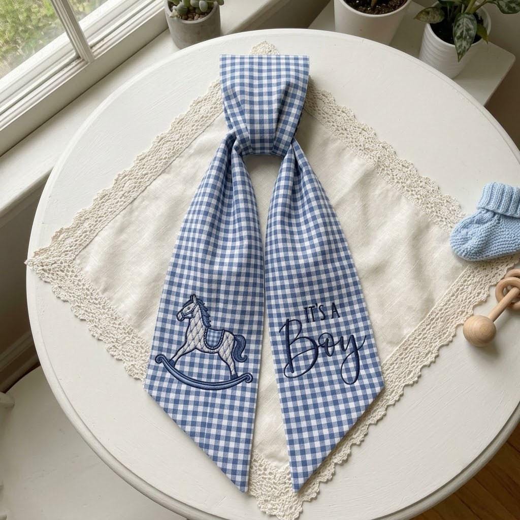 It's A Boy Wreath Sash, Gingham Hospital Door Hanger, Rocking Horse Nursery Decor, Baby Shower Gift, Welcome Baby Boy Ribbon