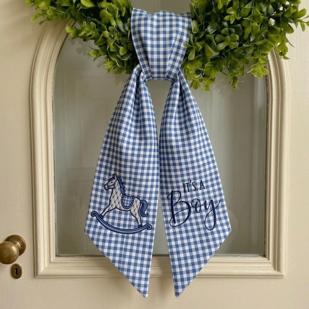 It's A Boy Wreath Sash, Gingham Hospital Door Hanger, Rocking Horse Nursery Decor, Baby Shower Gift, Welcome Baby Boy Ribbon