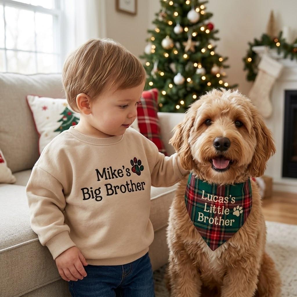 Personalized Holiday Pet Sibling Matching Set, Embroidered Plaid Paw Baby Sweater & Pet Bandana, Family Christmas Outfit