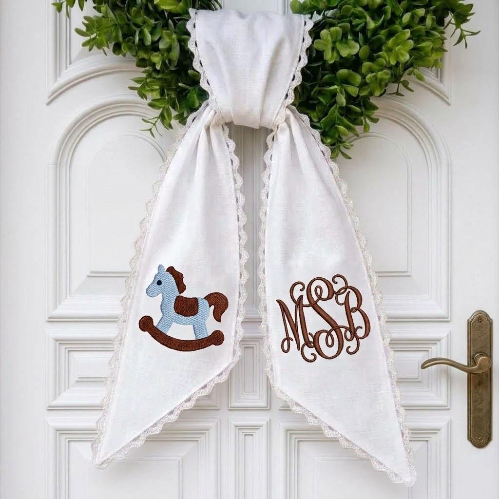 Monogram Wreath Sash, Rocking Horse Decor, Custom Embroidered Bow, Baby Boy Nursery, Front Door Sash, Baby Shower Gift