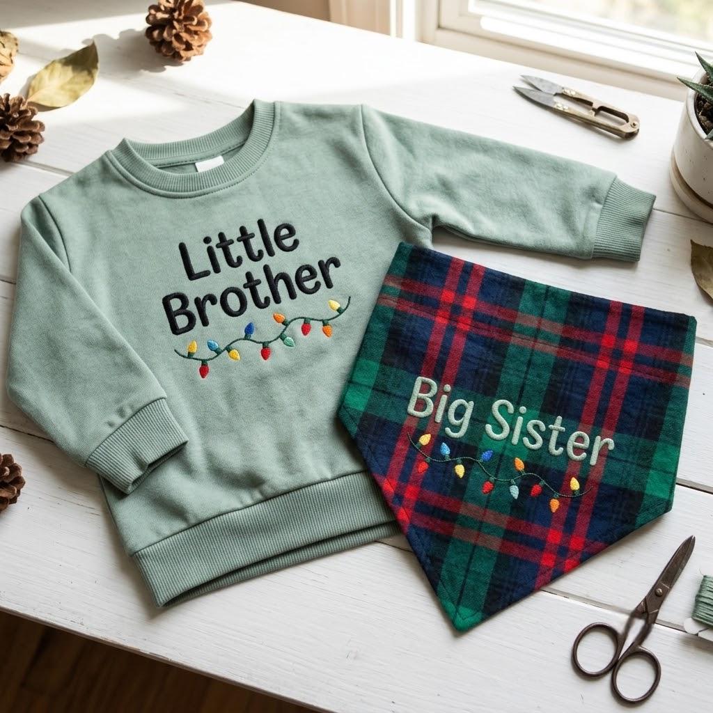Personalized Holiday Pet Sibling Matching Set, Embroidered Baby Sweater & Dog Bandana, Family Christmas Outfit