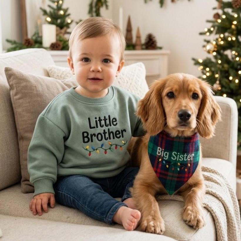 Personalized Holiday Pet Sibling Matching Set, Embroidered Baby Sweater & Dog Bandana, Family Christmas Outfit