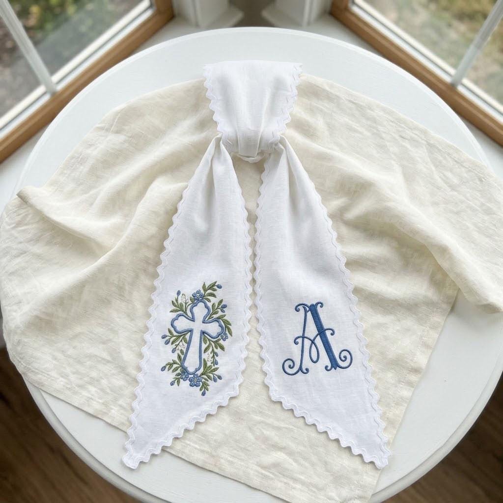 Baptism Wreath Sash, Embroidered Cross Door Bow, Custom Christening Decor, First Communion Monogram Sash, Religious Baby Gift