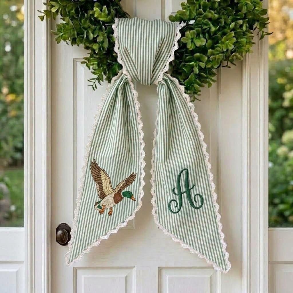 Mallard Duck Wreath Sash, Personalized Monogram Striped Ribbon with Lace, Front Door Decor, Hunting Theme Nursery, Green Bow