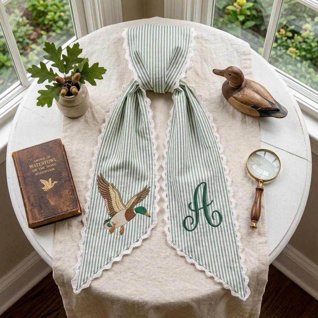 Mallard Duck Wreath Sash, Personalized Monogram Striped Ribbon with Lace, Front Door Decor, Hunting Theme Nursery, Green Bow
