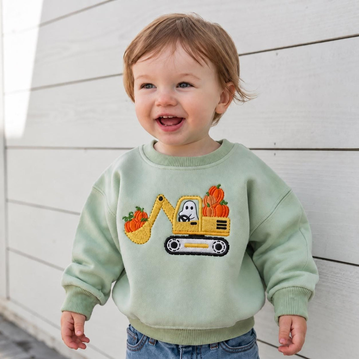 Toddler Halloween Excavator Sweatshirt, Embroidered Pumpkin Construction Shirt, Ghost Digger Fall Outfit, Boys Halloween Gift
