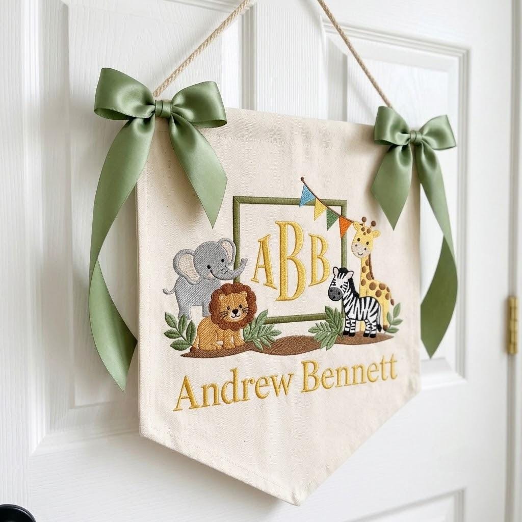 Personalized Safari Nursery Banner, Embroidered Baby Name Wall Hanging, Jungle Animal Nursery Decor, Baby Boy Shower Gift