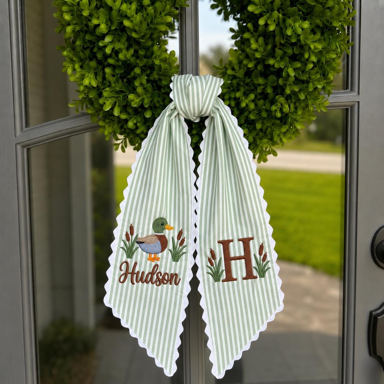 Personalized Mallard Duck Wreath Sash, Embroidered Monogram Door Bow, Custom Name Wreath Ribbon, Baby Boy Nursery Decor