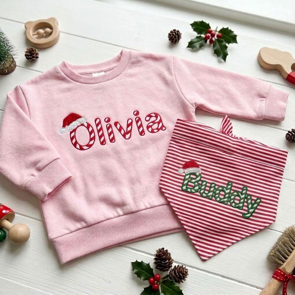 Personalized Embroidered Christmas Baby Sweatshirt & Pet Bandana, Custom Fur Sibling Matching Set, Xmas Gift