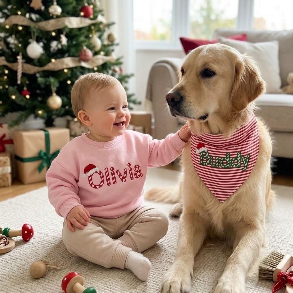 Personalized Embroidered Christmas Baby Sweatshirt & Pet Bandana, Custom Fur Sibling Matching Set, Xmas Gift