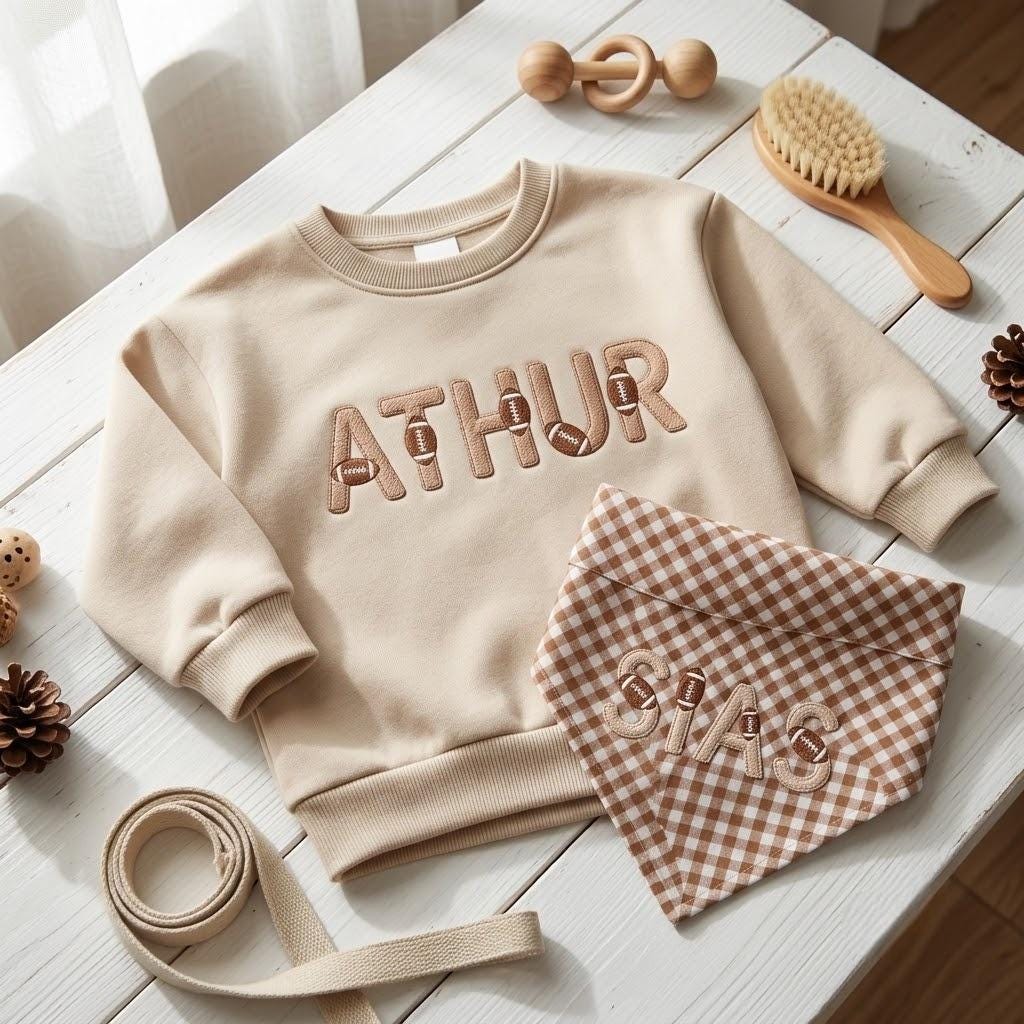 Personalized Embroidered Football Theme Baby Sweatshirt & Pet Bandana, Custom Gingham Sibling Matching Set, Football Fan Gift