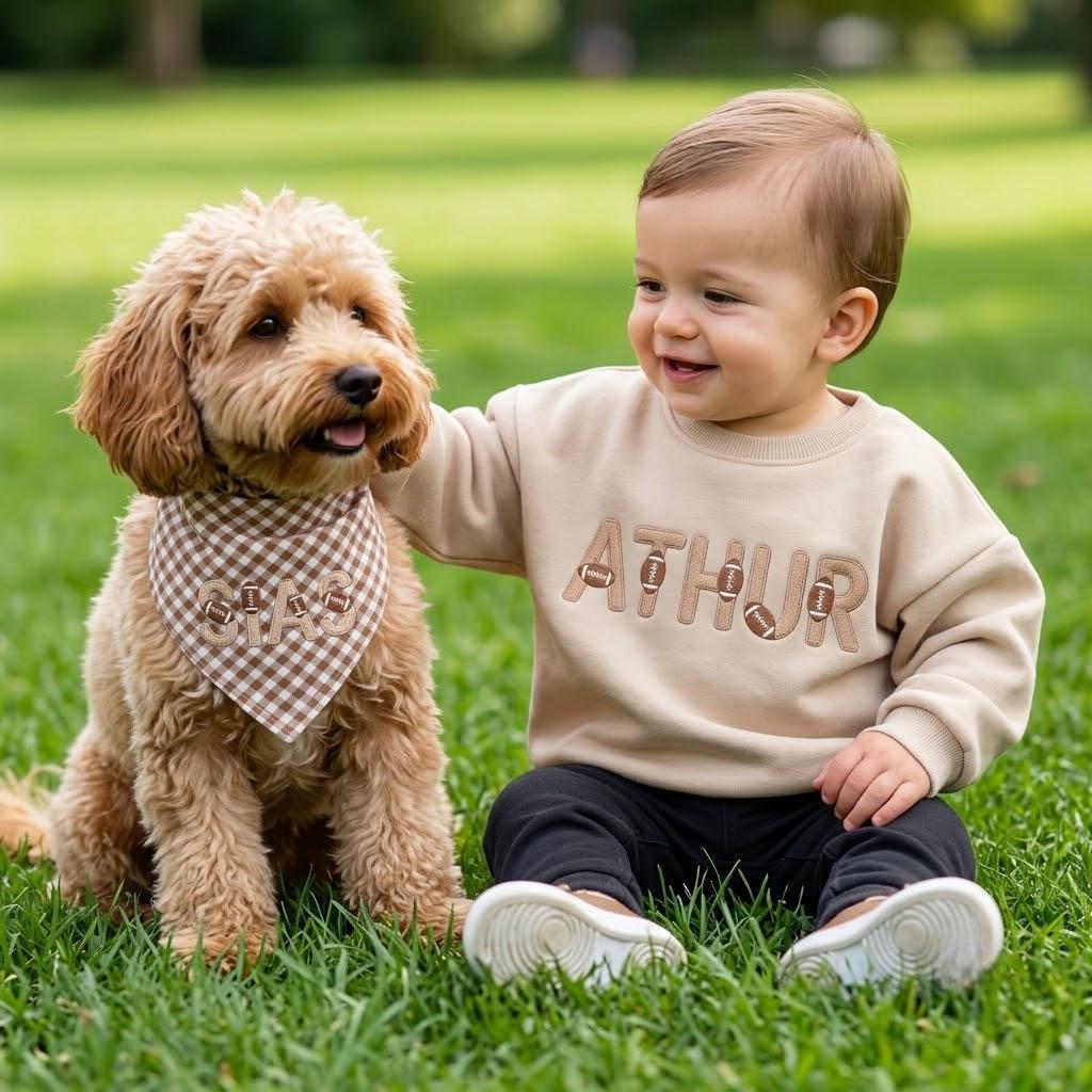 Personalized Embroidered Football Theme Baby Sweatshirt & Pet Bandana, Custom Gingham Sibling Matching Set, Football Fan Gift