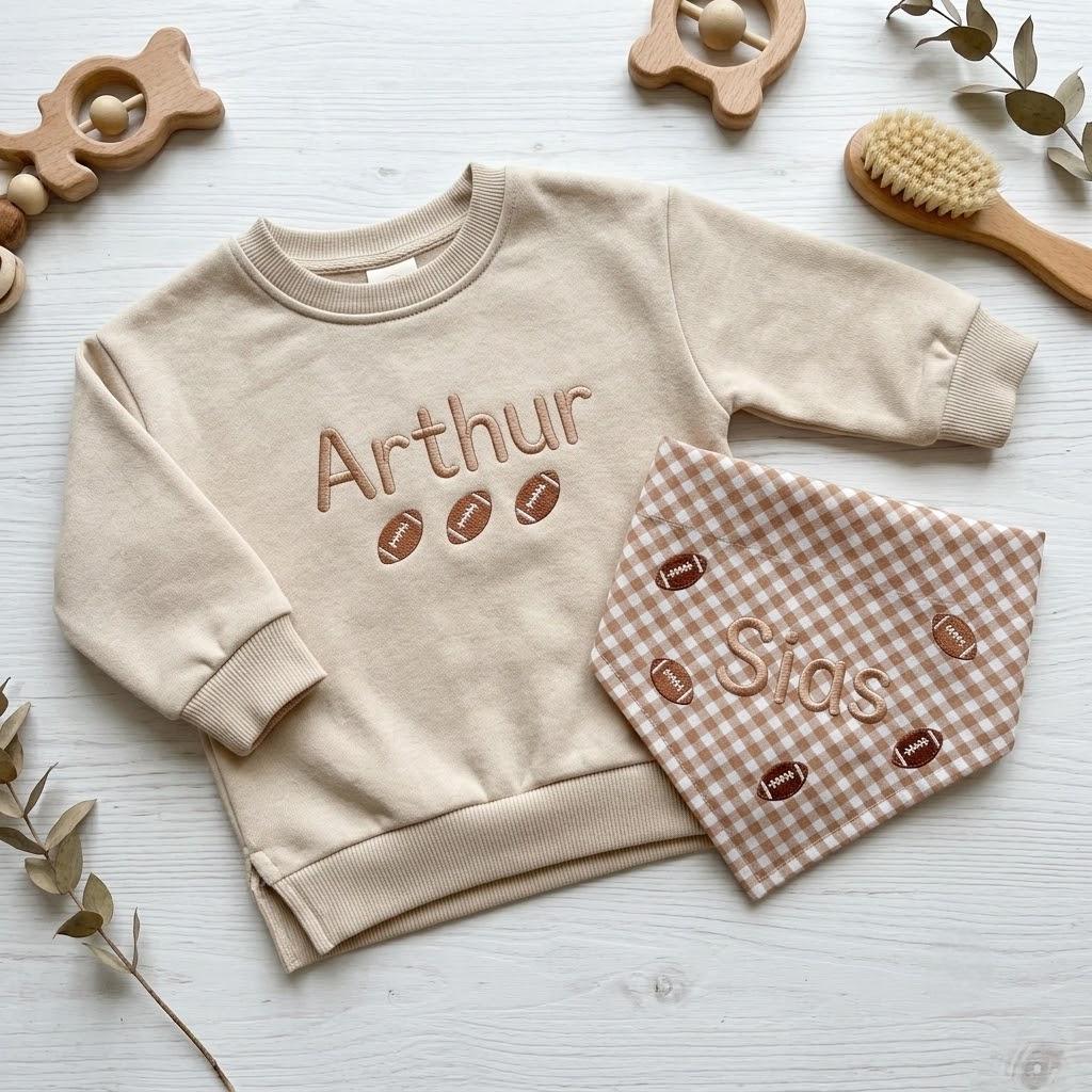 Personalized Football Pet Sibling Matching Gift, Custom Gingham Baby Sweatshirt & Dog Bandana Set, Sports Family Twinning Outfit