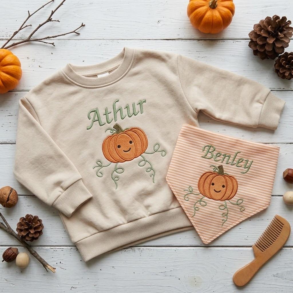 Personalized Embroidered Pumpkin Sibling Matching Set, Custom Baby Sweatshirt & Dog Bandana, Fall Gift
