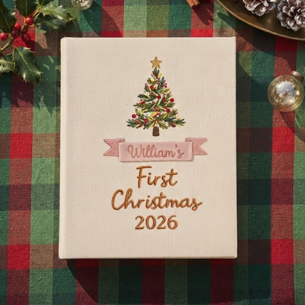 Personalized Baby’s First Christmas Photo Album, Embroidered Christmas Tree Keepsake Book