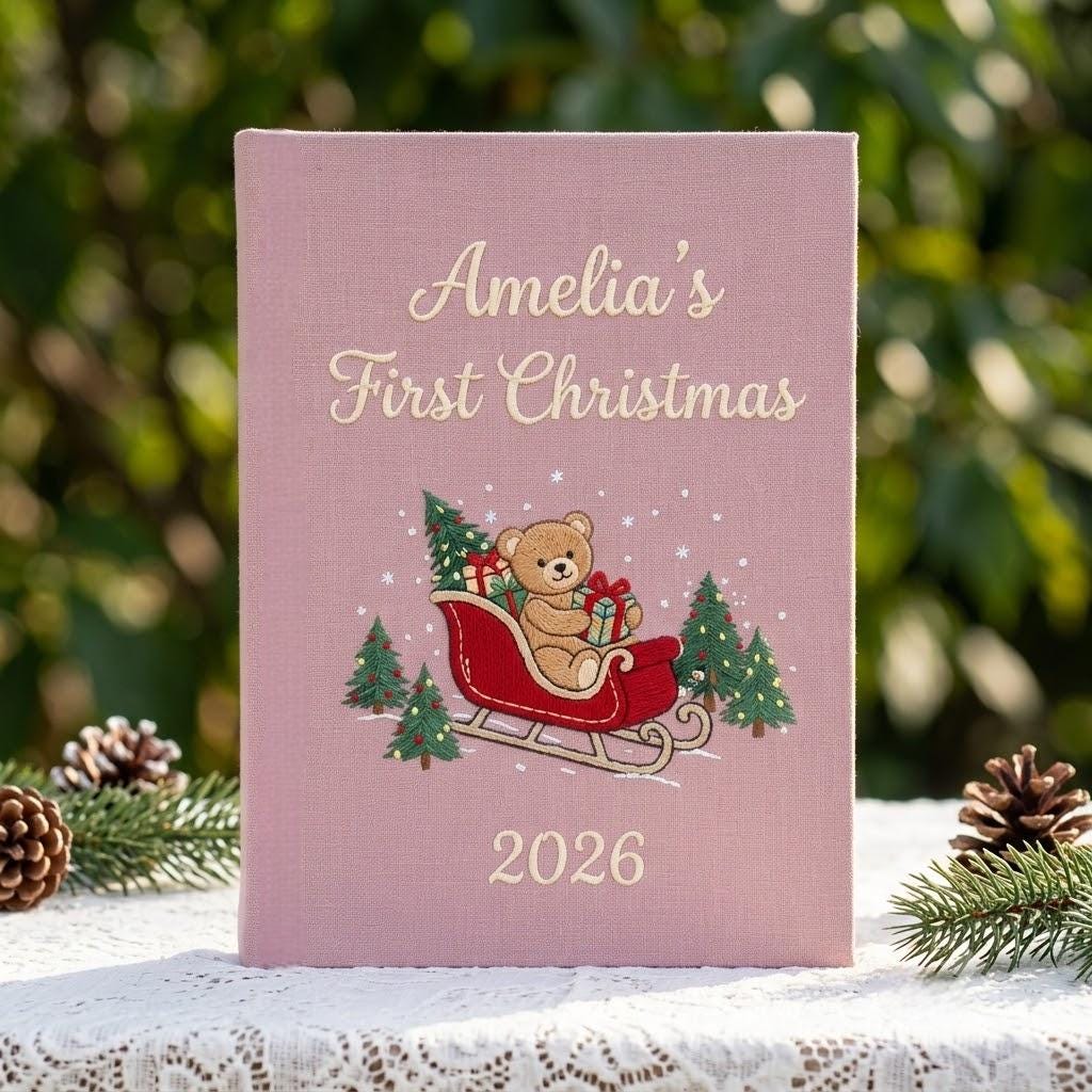 Baby First Christmas Photo Album, Custom Embroidered Name Newborn Keepsake, Teddy Bear Memory Book