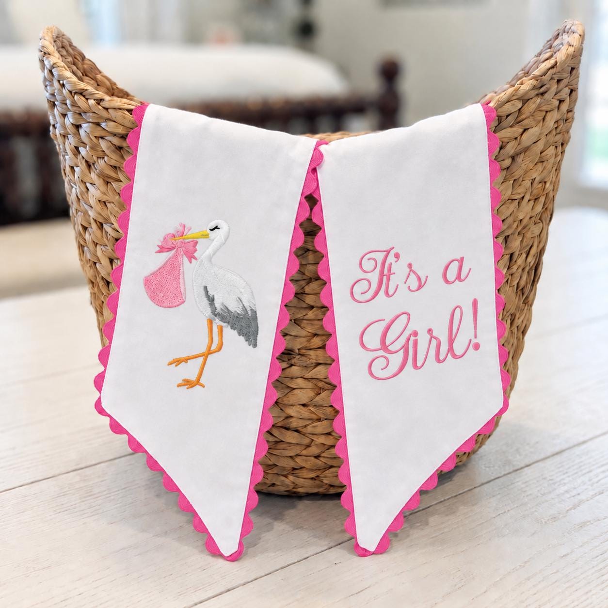 Baby Announcement Wreath Sash, Embroidered Stork Door Bow, It’s a Boy It’s a Girl Gender Reveal Decor