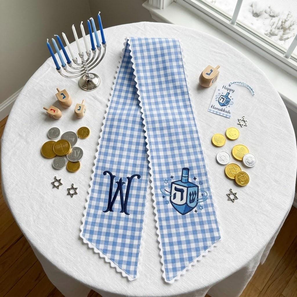 Gingham Hanukkah Wreath Sash, Custom Monogram Dreidel Door Decor, Jewish Holiday Chanukah Front Door Bow