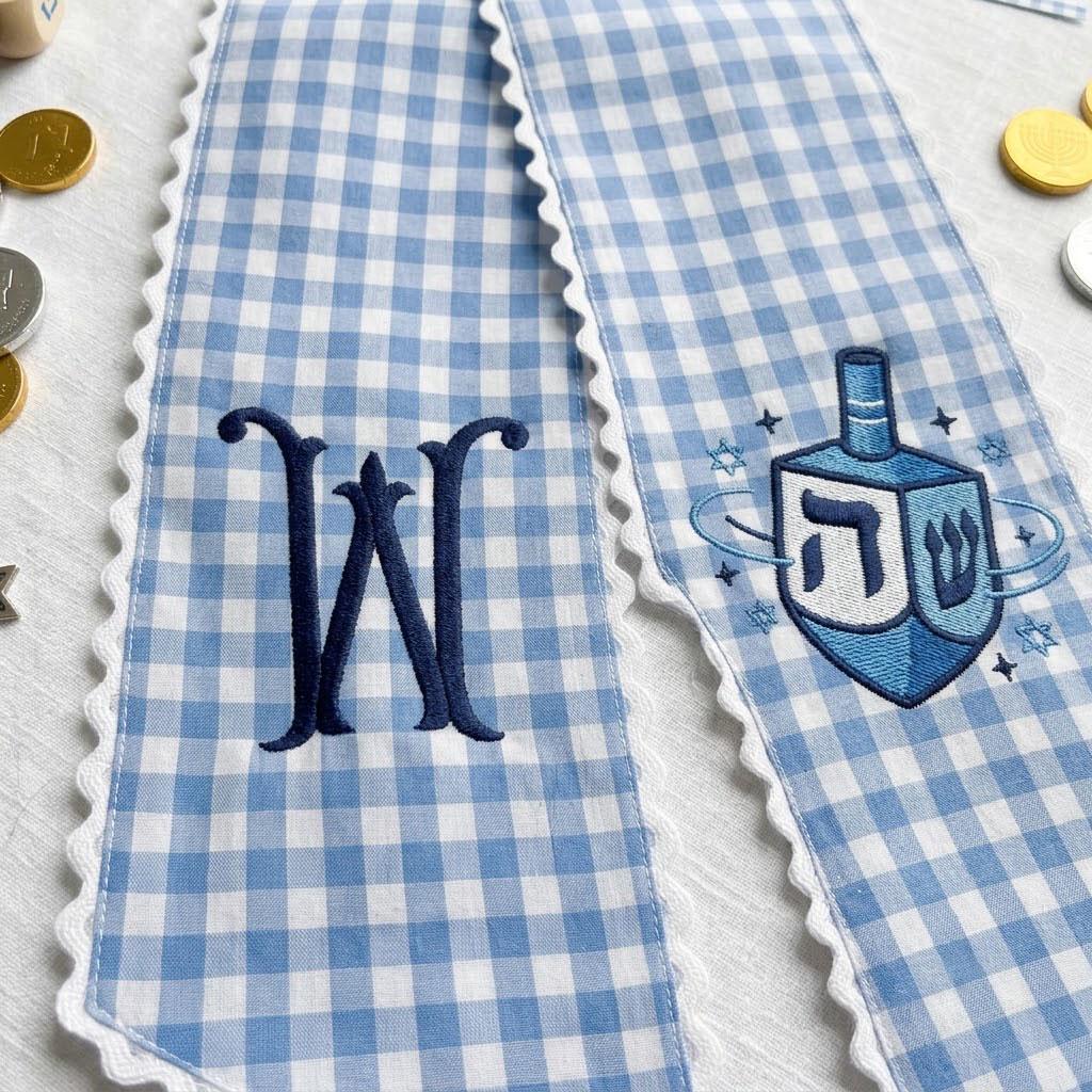 Gingham Hanukkah Wreath Sash, Custom Monogram Dreidel Door Decor, Jewish Holiday Chanukah Front Door Bow