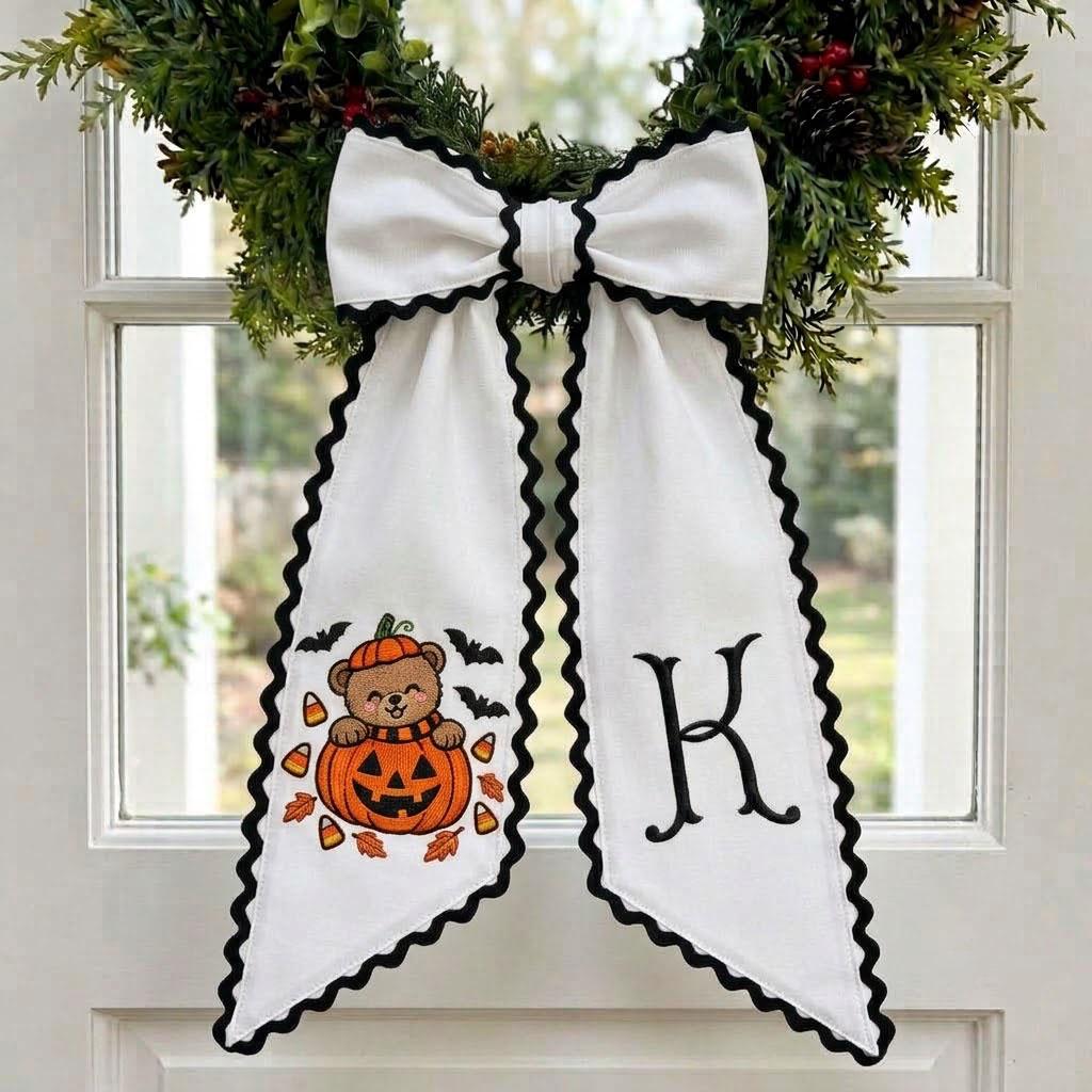 Halloween Wreath Sash Monogram Pumpkin Bear Front Door Bow Custom Fall Decor Personalized Door Ribbon