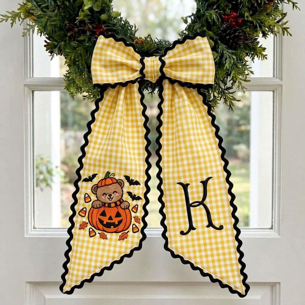 Halloween Wreath Sash Monogram Pumpkin Bear Front Door Bow Custom Fall Decor Personalized Door Ribbon