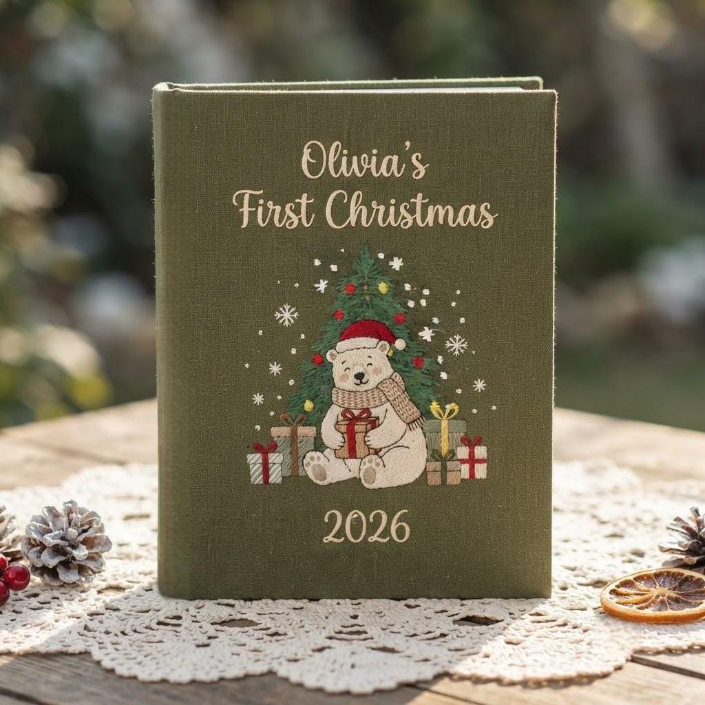 Baby First Christmas Photo Album, Custom Name Newborn Keepsake, Polar Bear Memory Book for Baby Boy & Girl