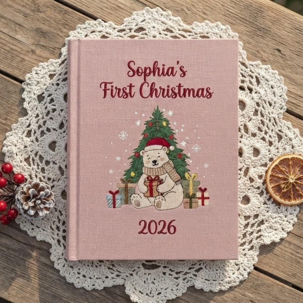 Baby First Christmas Photo Album, Custom Name Newborn Keepsake, Polar Bear Memory Book for Baby Boy & Girl