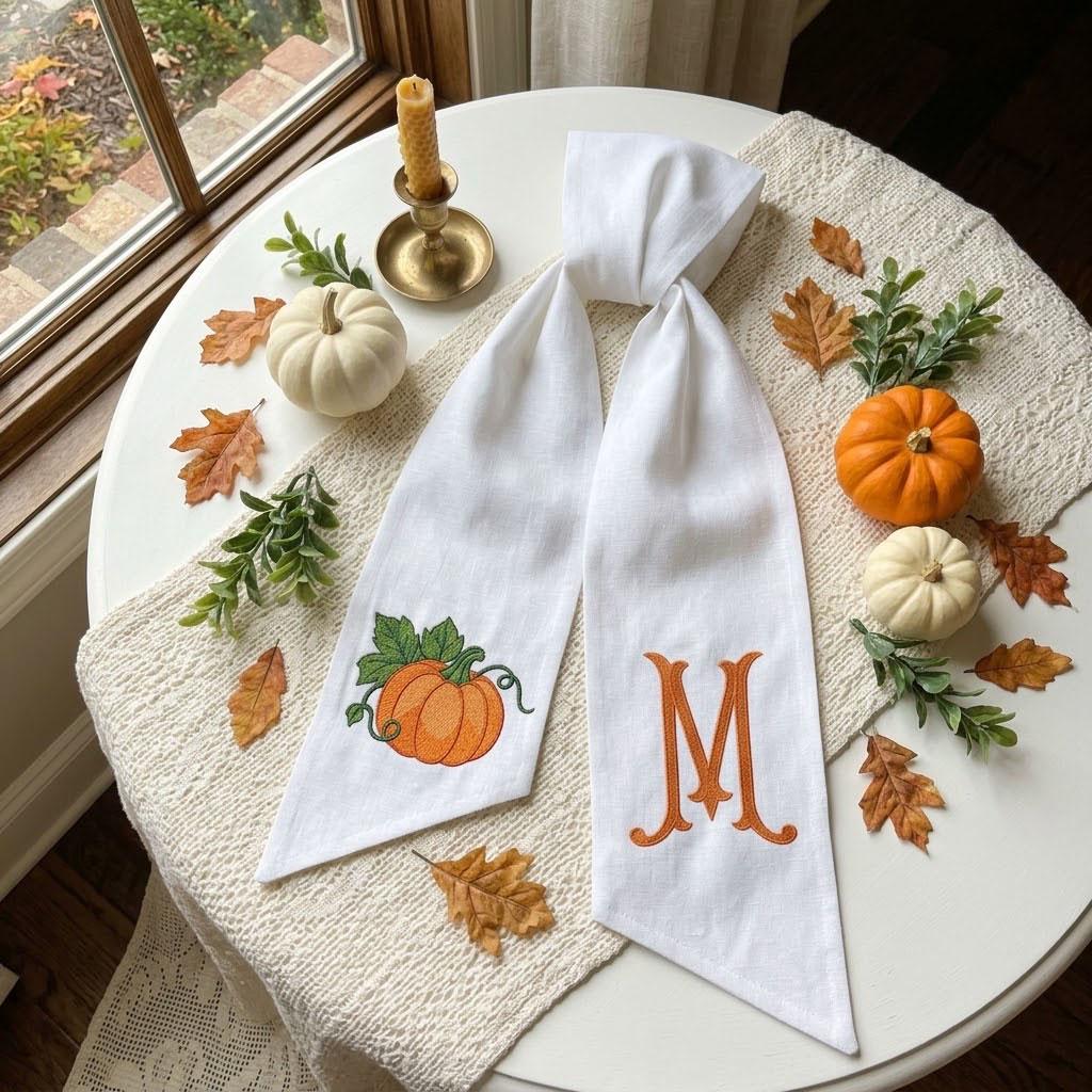 Monogram Pumpkin Wreath Sash, Fall Front Door Decor, Embroidered Autumn Ribbon, Custom Thanksgiving Wreath Bow, Personalized Fall Gift