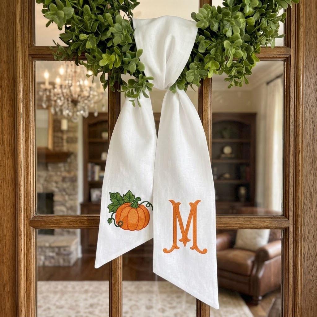 Monogram Pumpkin Wreath Sash, Fall Front Door Decor, Embroidered Autumn Ribbon, Custom Thanksgiving Wreath Bow, Personalized Fall Gift