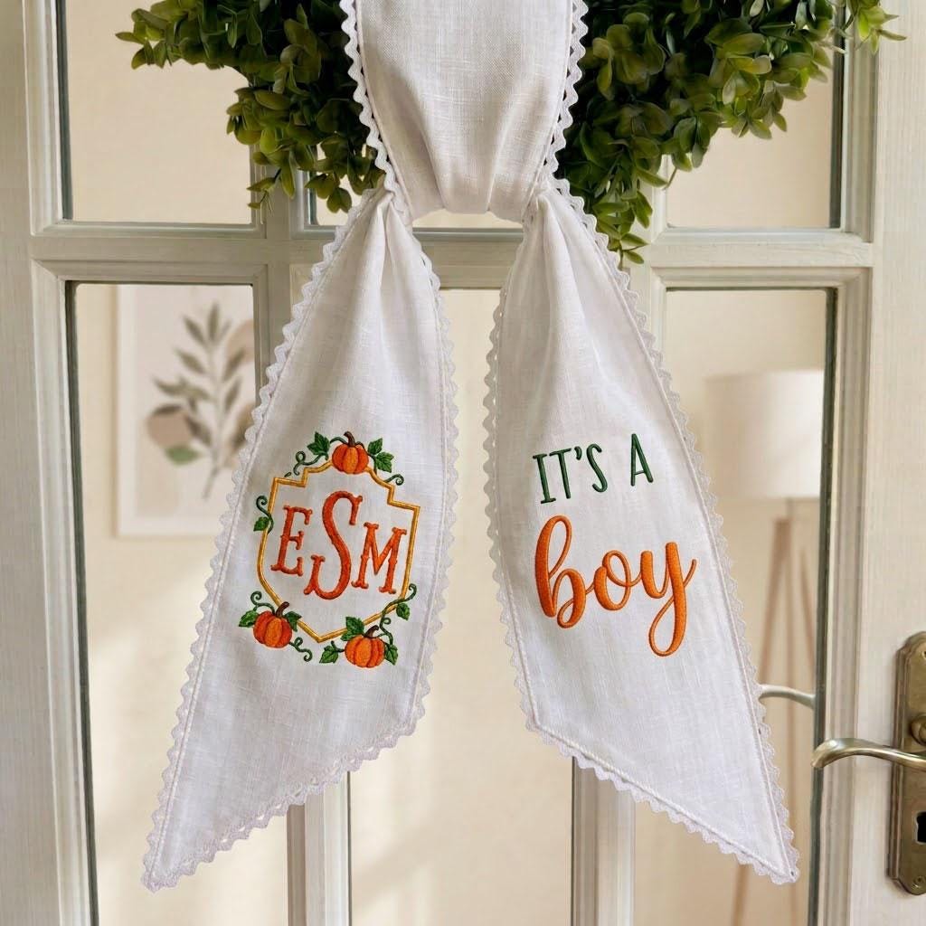 Fall Wreath Sash Pumpkin Monogram, Gender Reveal Decor, Baby Shower Door Bow, Autumn Baby Announcement Boy Girl