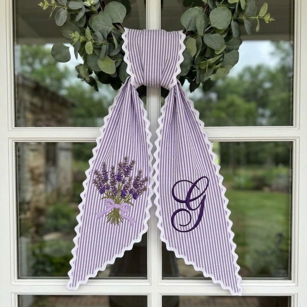 Lavender Monogram Wreath Sash, Purple Striped Door Hanger Ribbon, Personalized Front Door Decor, Spring Wreath Bow, New Home Gift