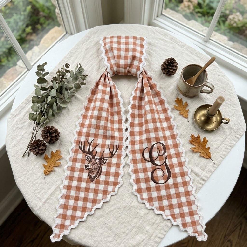 Terra Cotta Gingham Fall Wreath Sash, Personalized Monogram Deer Embroidery, Rustic Autumn Front Door Ribbon, Farmhouse Decor