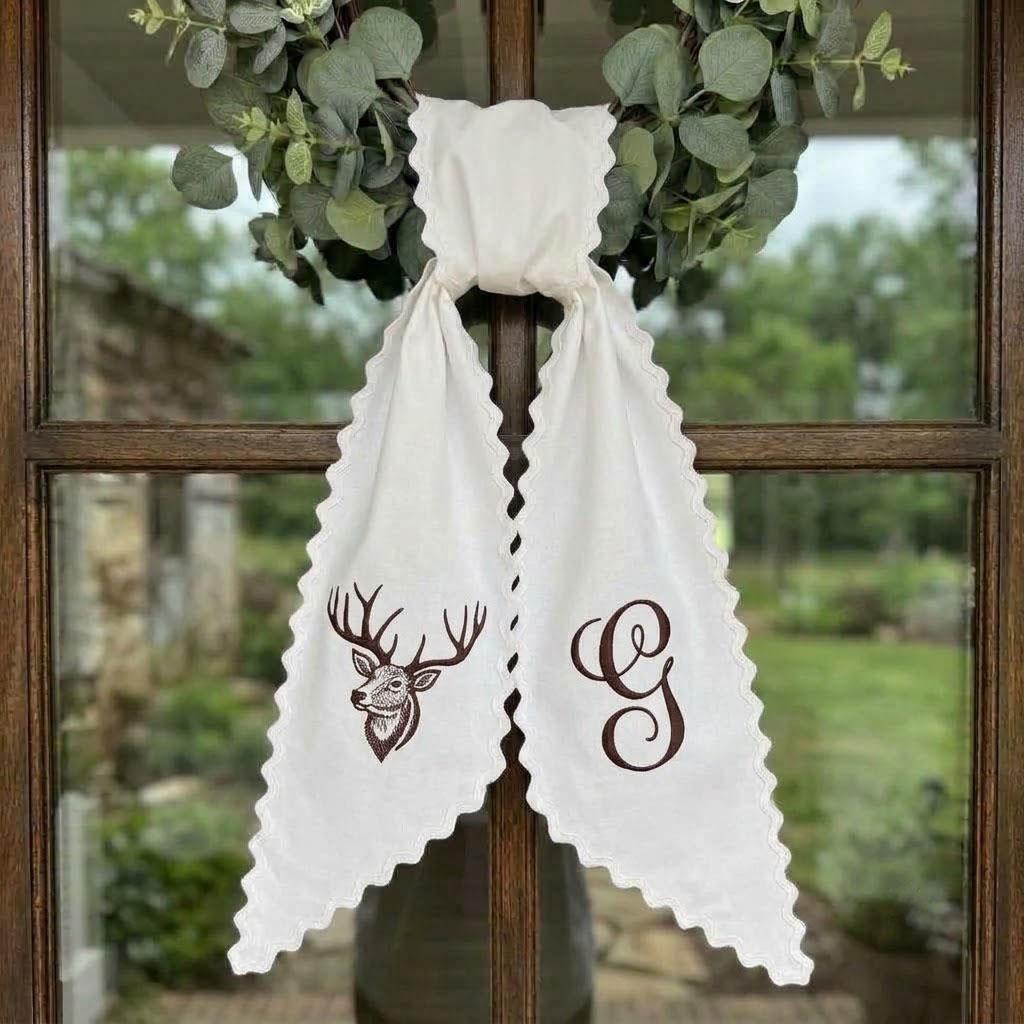 Terra Cotta Gingham Fall Wreath Sash, Personalized Monogram Deer Embroidery, Rustic Autumn Front Door Ribbon, Farmhouse Decor