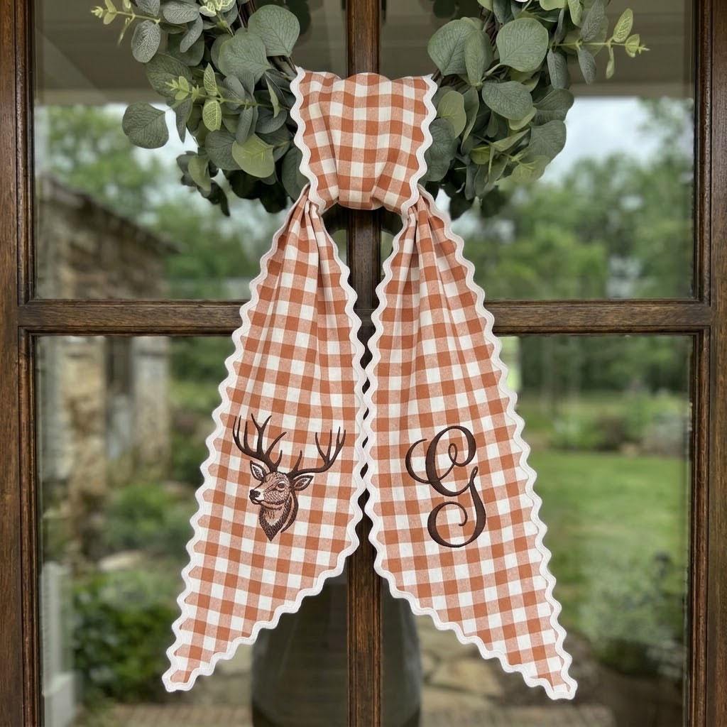 Terra Cotta Gingham Fall Wreath Sash, Personalized Monogram Deer Embroidery, Rustic Autumn Front Door Ribbon, Farmhouse Decor