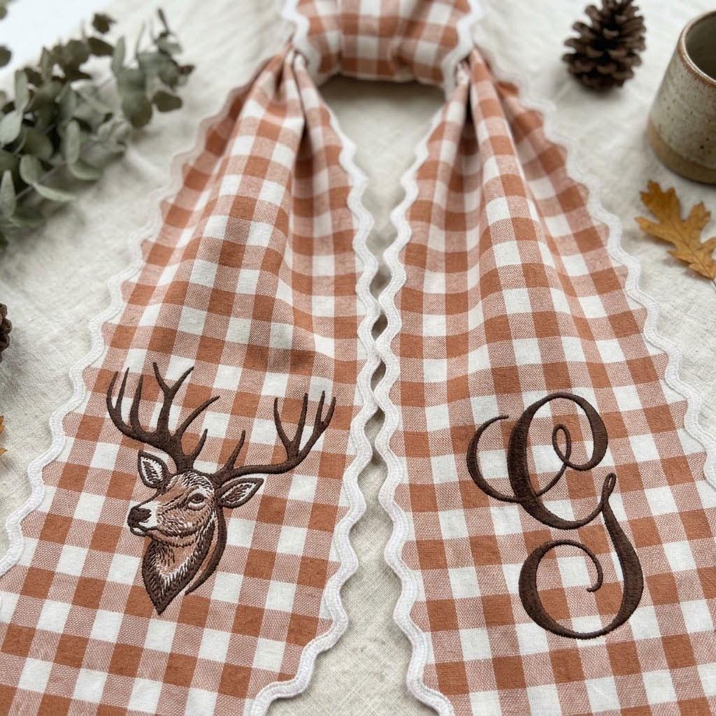 Terra Cotta Gingham Fall Wreath Sash, Personalized Monogram Deer Embroidery, Rustic Autumn Front Door Ribbon, Farmhouse Decor