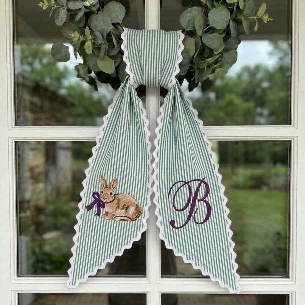 Monogram Easter Wreath Sash, Embroidered Bunny Door Hanger, Spring Striped Front Door Decor, Personalized Easter Ribbon