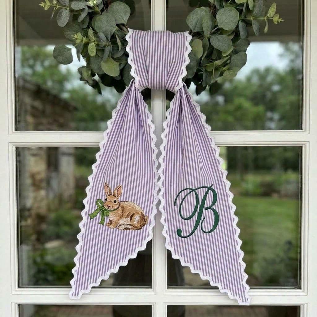 Monogram Easter Wreath Sash, Embroidered Bunny Door Hanger, Spring Striped Front Door Decor, Personalized Easter Ribbon