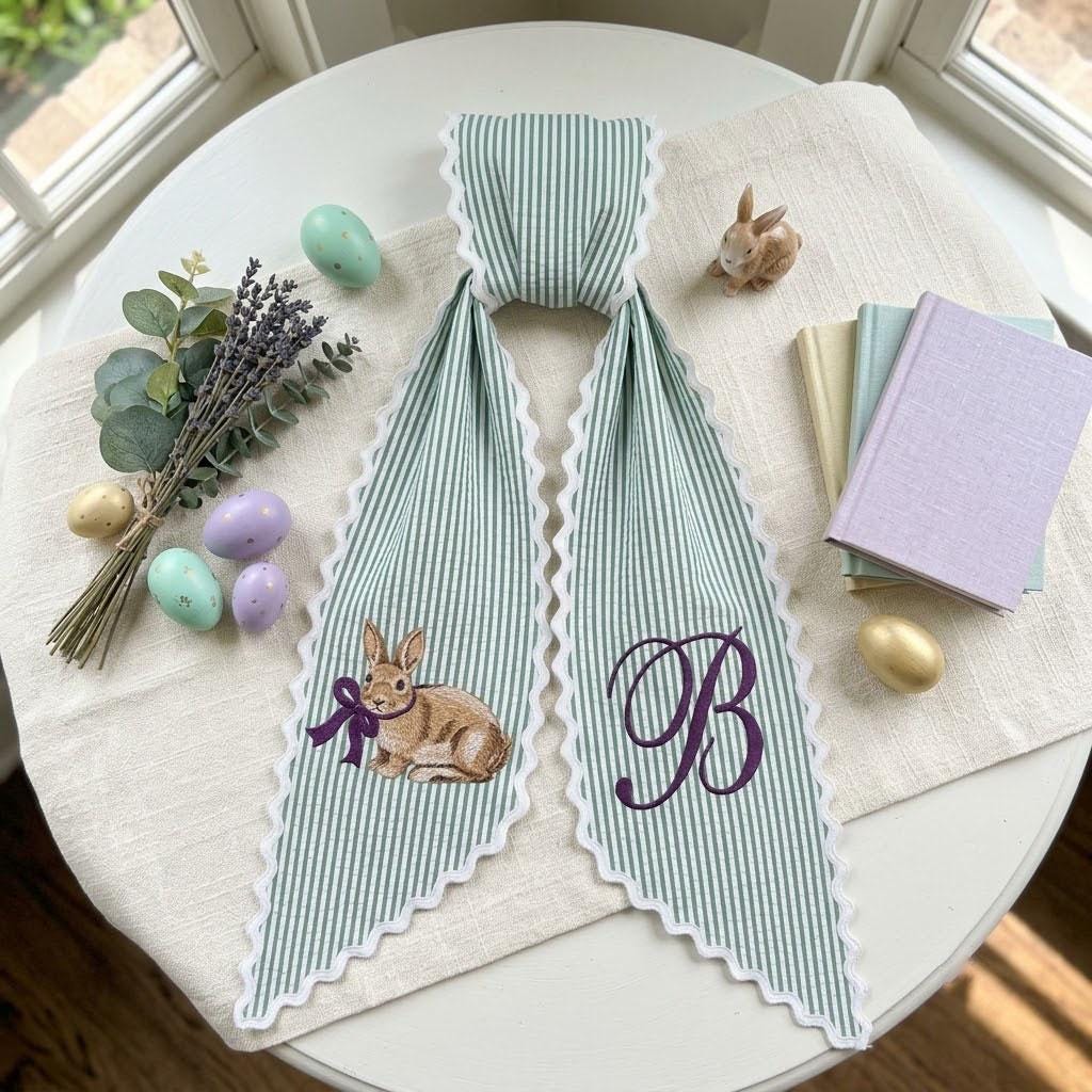 Monogram Easter Wreath Sash, Embroidered Bunny Door Hanger, Spring Striped Front Door Decor, Personalized Easter Ribbon