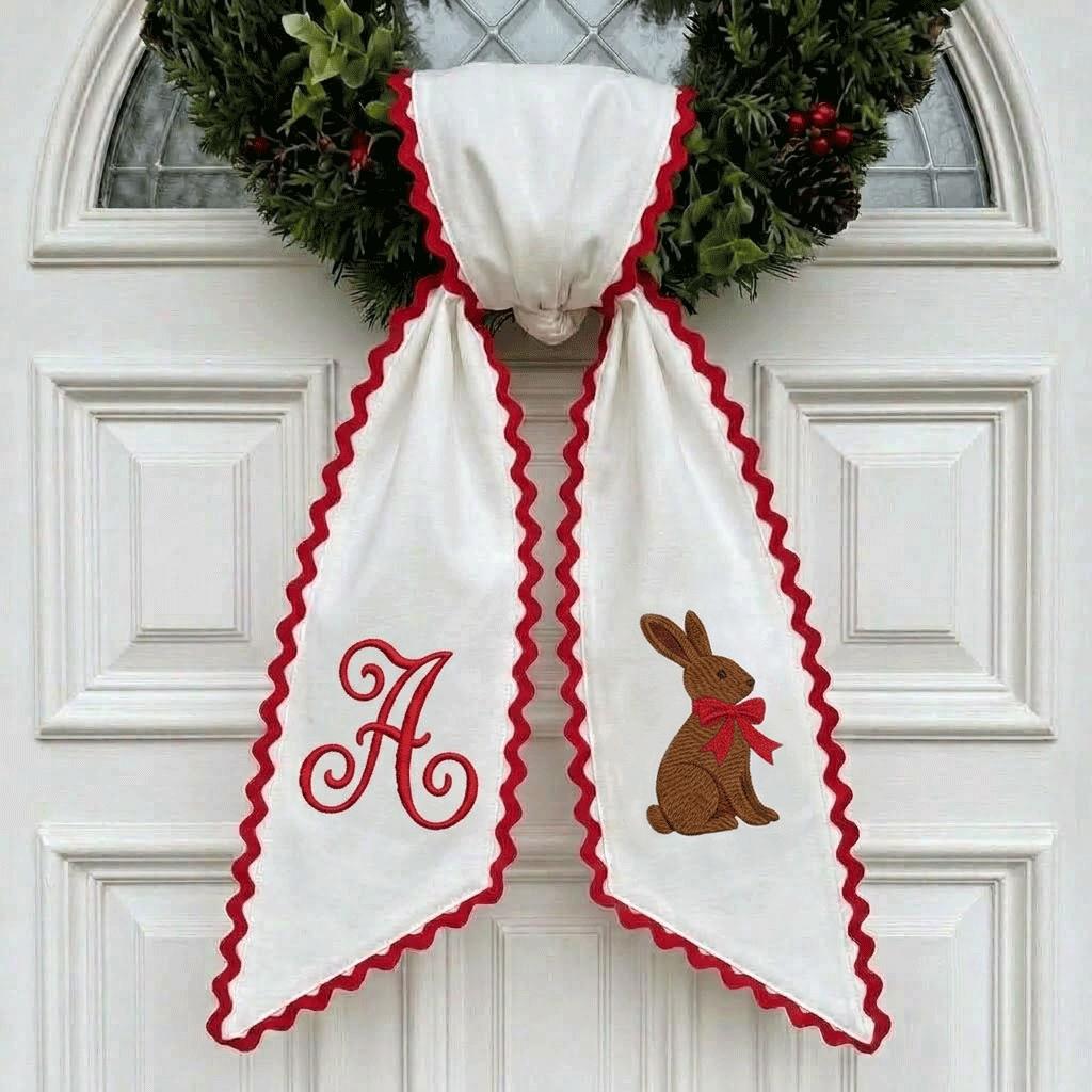 Personalized Easter Wreath Sash with Embroidered Bunny, Striped Spring Door Bow, Custom Monogram Door Hanger, Ric Rac Sash
