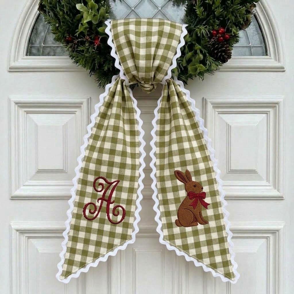Personalized Easter Wreath Sash with Embroidered Bunny, Striped Spring Door Bow, Custom Monogram Door Hanger, Ric Rac Sash